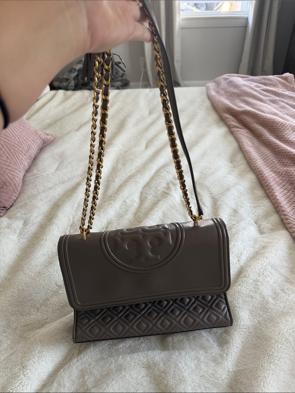 Tory Burch Quilted Shoulder Bag in Brown with Gold Chain